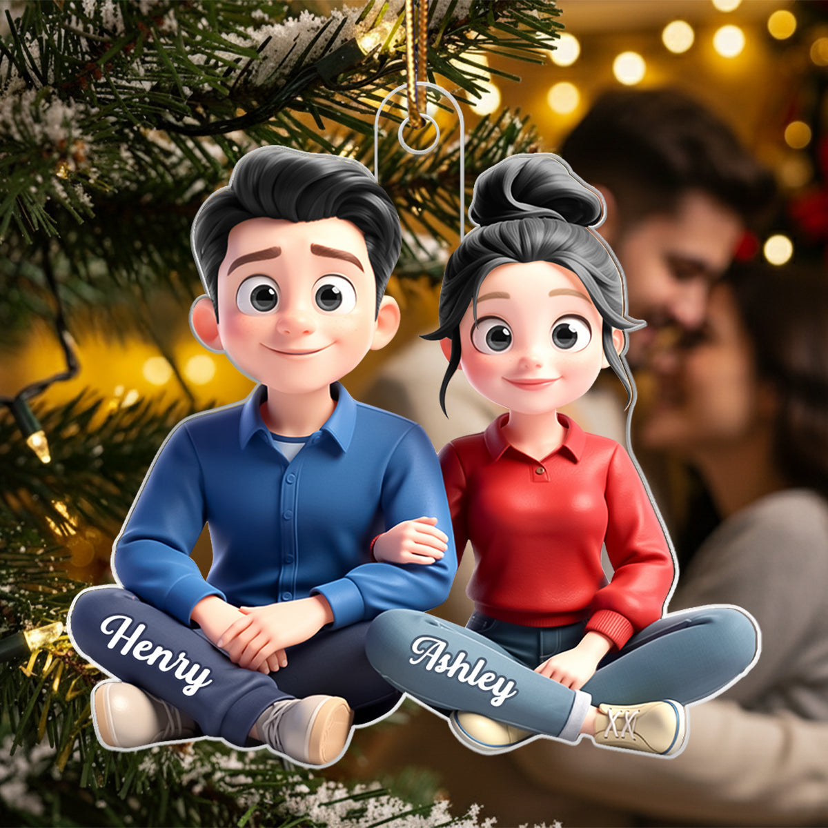 Cartoon Couple Sitting Together - Personalized Acrylic Ornament - Christmas Gift for him, Gift for her