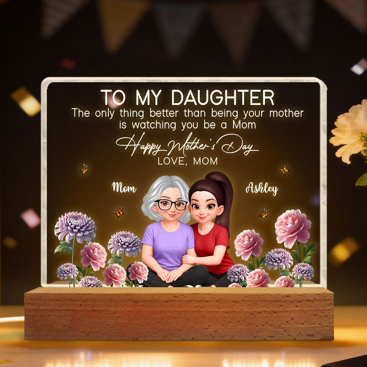To My Daughter Happy Mother's Day Custom Birth Month Flower - Personalized Acrylic Block LED Plaque - Mother's Day Gift For Daughter