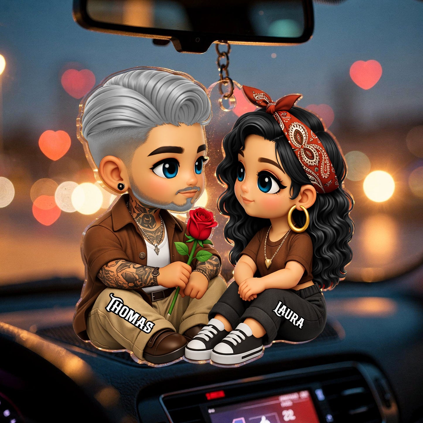 3D Effect Cute Couple A Rose For You - Personalized Acrylic Car Hanger - Valentine's Gift For Him, For Her, For Couple