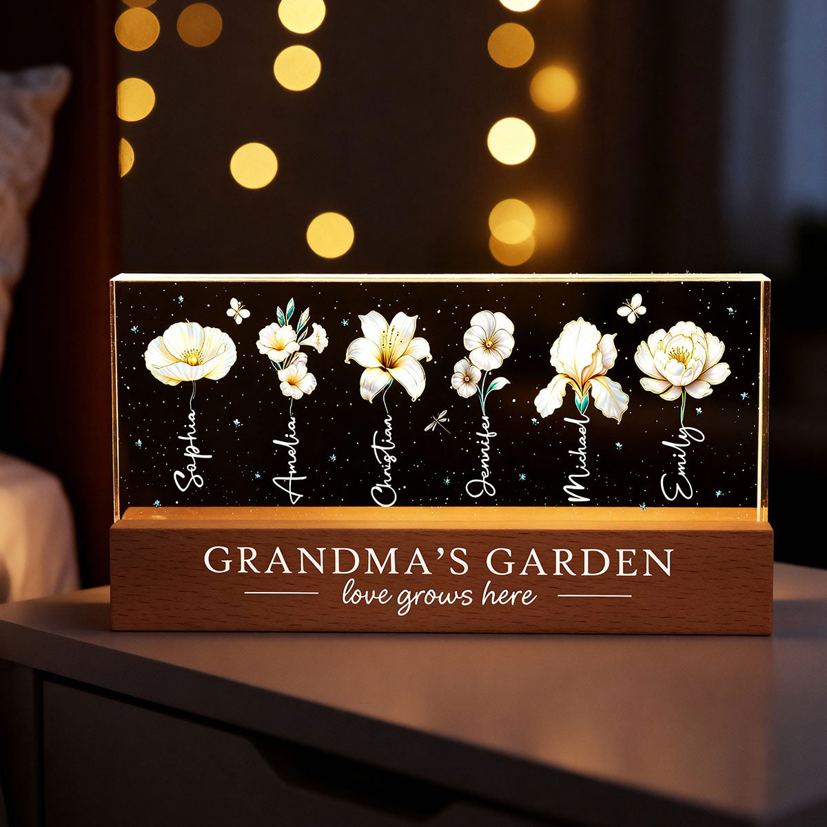 Grandma's Garden 3D Effect Birth Month Flowers - Personalized Acrylic Block LED Night Light - Gift For Grandma