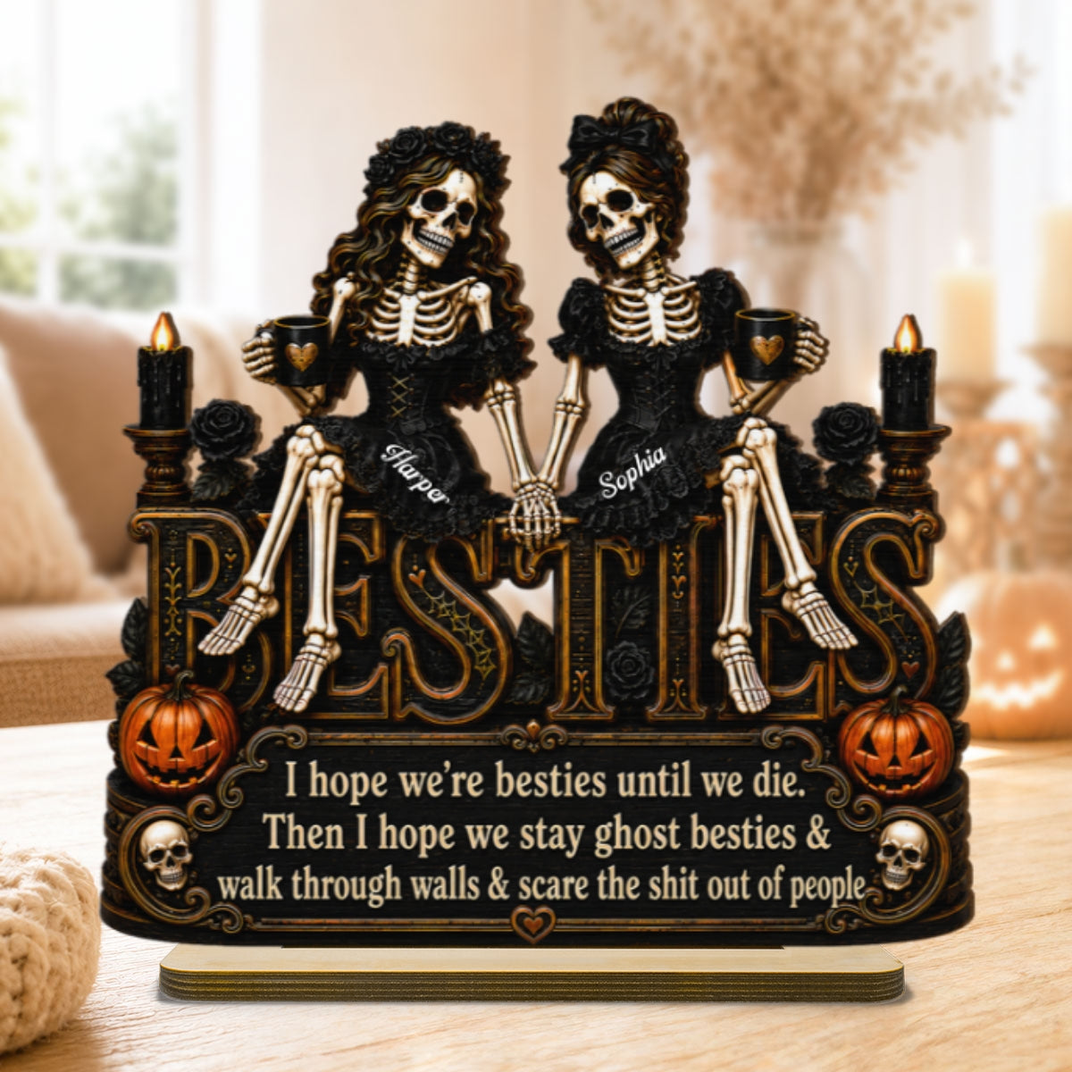 Skeleton Besties Sitting On Word 2D Flat - Personalized 2-Layered Wooden Plaque - Funny Work Bestie Gift, Halloween Keepsake For Best Friends