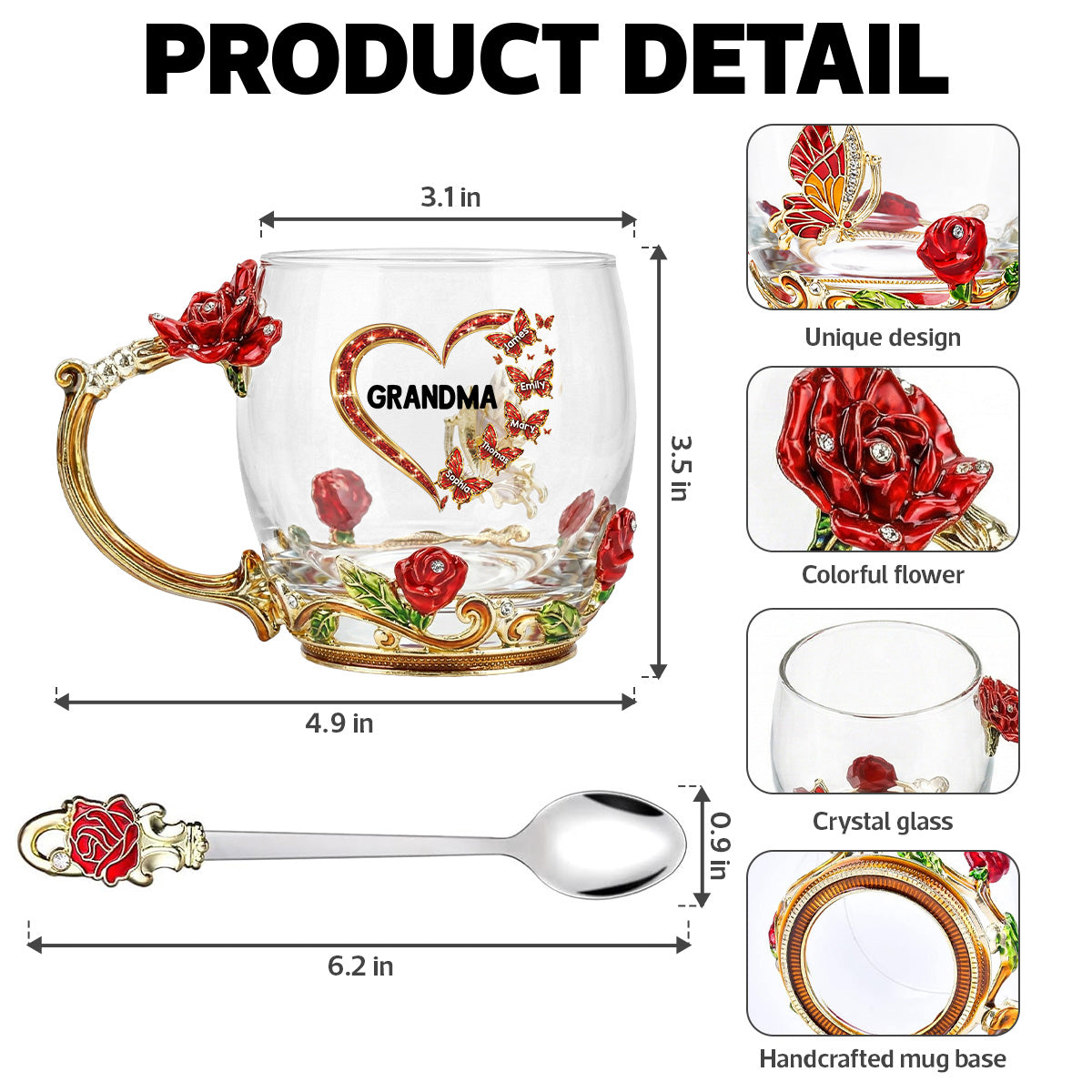 Grandma Butterflies Heart Custom Kids Names - Personalized Enamel Flower Tea Cup - Gift For Grandma, Mom