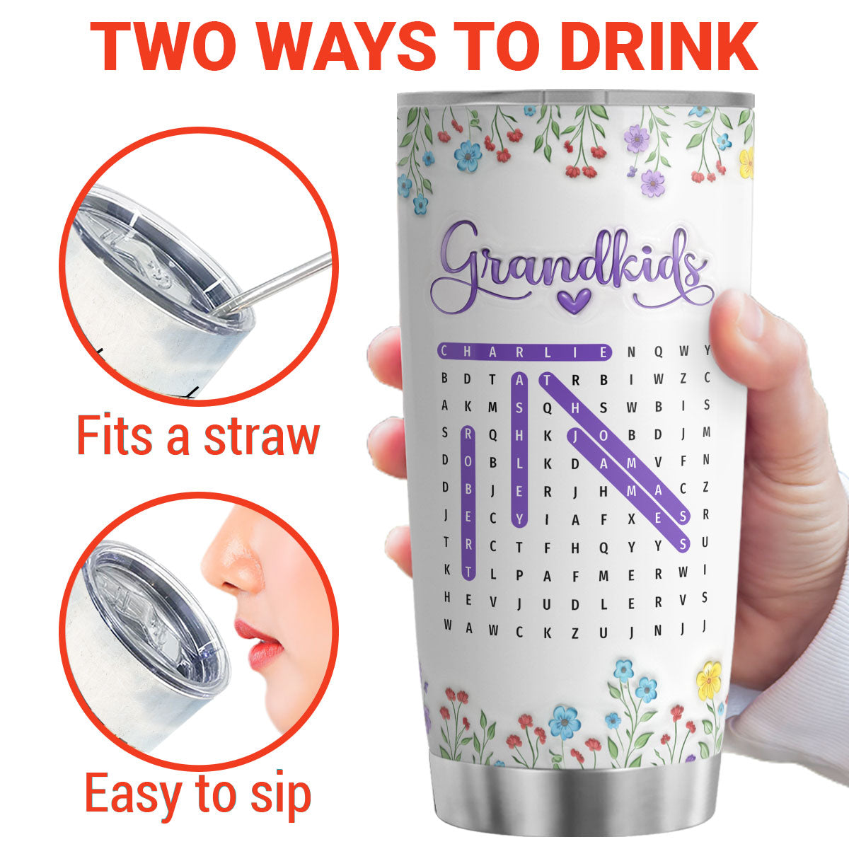 Grandma Grandkids Names Word Search Puzzle - Personalized Tumbler - Mother's Day Gift for Grandma, Mom