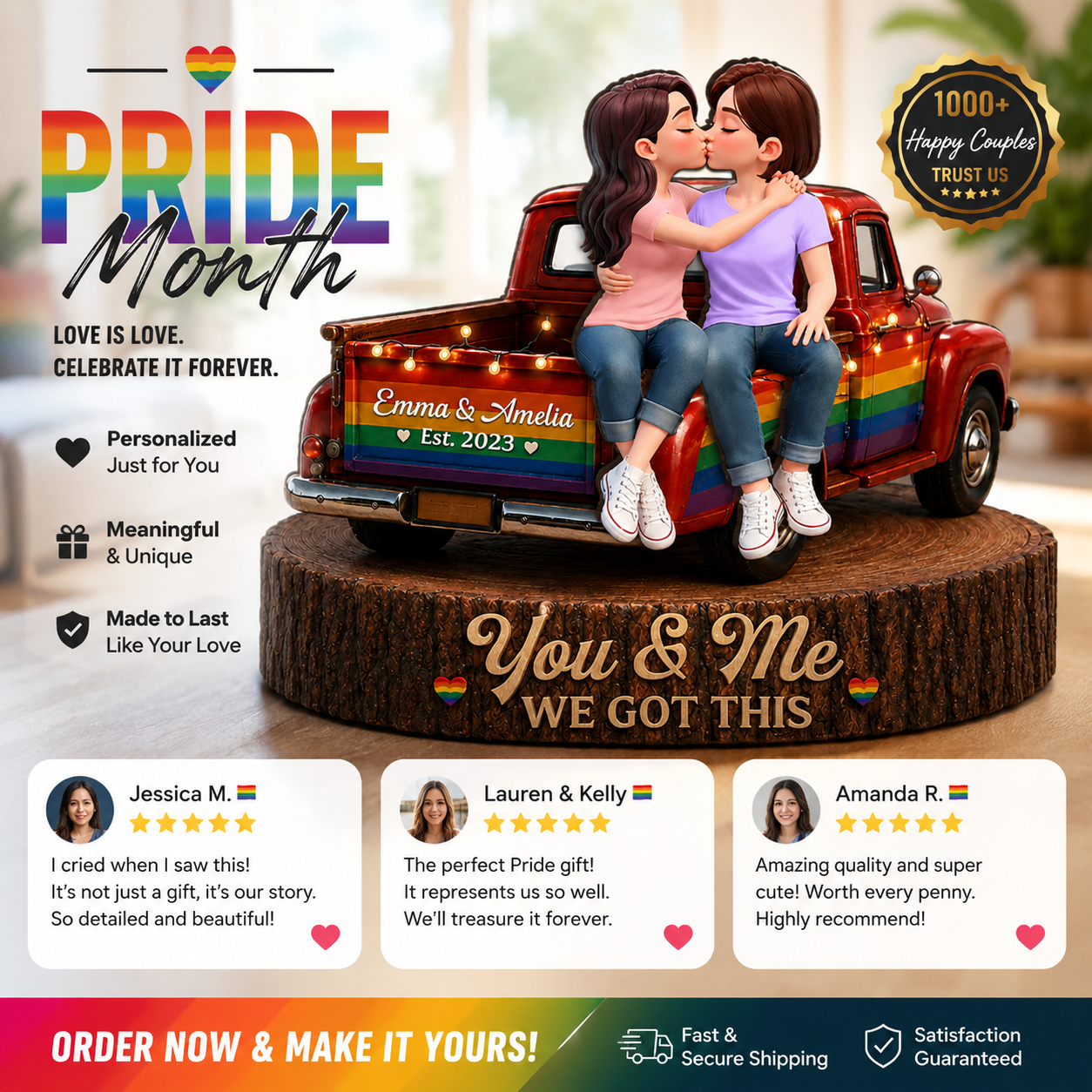 LGBT+ Couple Truck Love Is Love - Personalized 2-Layered Wooden Plaque - Gift For Couple, Happy Pride Month