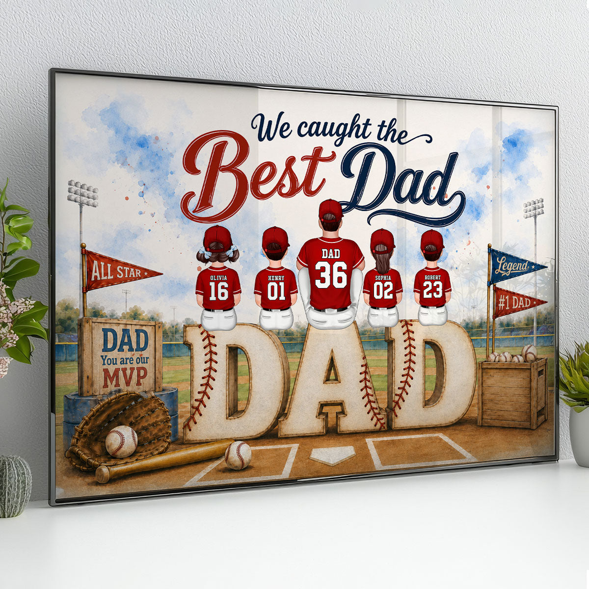 Watercolor Style Baseball Family Daddy's Dream Team - Personalized Poster - Father's Day Gift For Dad, Husband