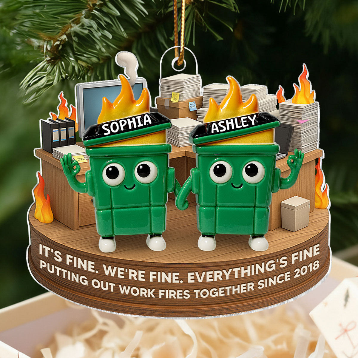 Putting Out Work Fires Together Work Bestie Dumpster Fire - Personalized Acrylic Ornament - Christmas Gift for Colleagues, Coworkers, Boss