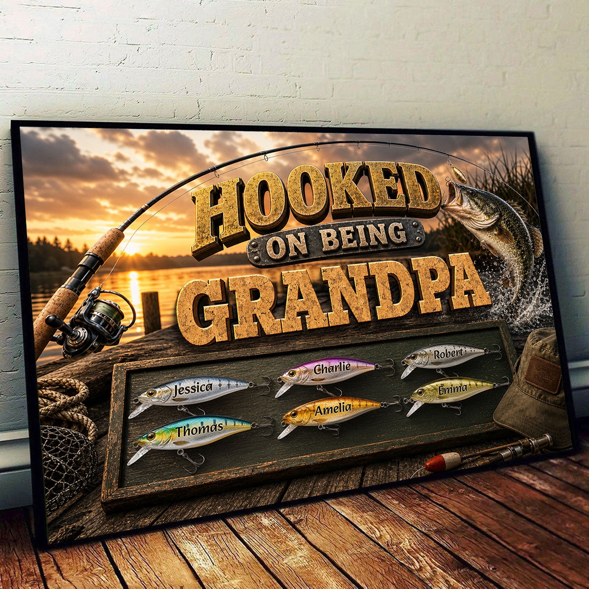 Hooked On Being Grandpa Fishing - Personalized Poster - Father's Day Gift For Dad, Grandpa
