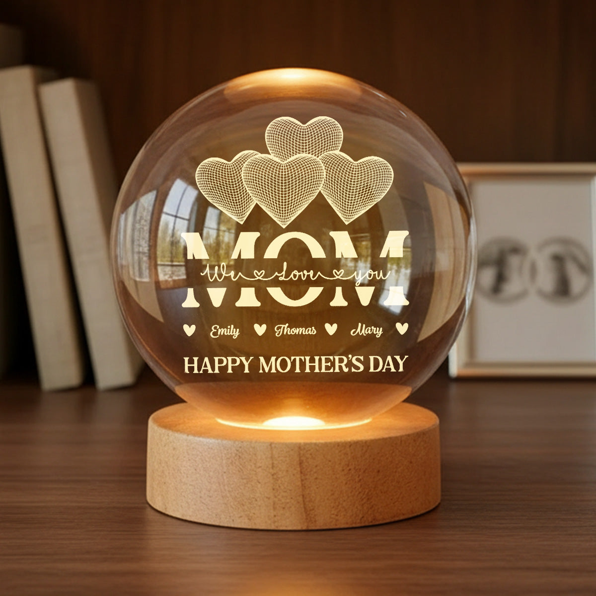 MOM Heart Love - Personalized Crystal Ball LED Night Light - Mother's Day Gift For Mom