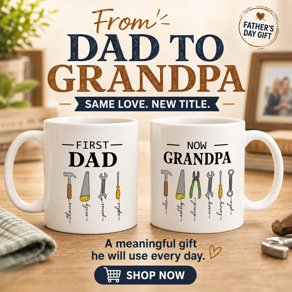 First Dad Now Grandpa Garage Tools Custom Kids Names - Personalized Mug - Father's Day Gift For Mechanic Dad, Grandpa