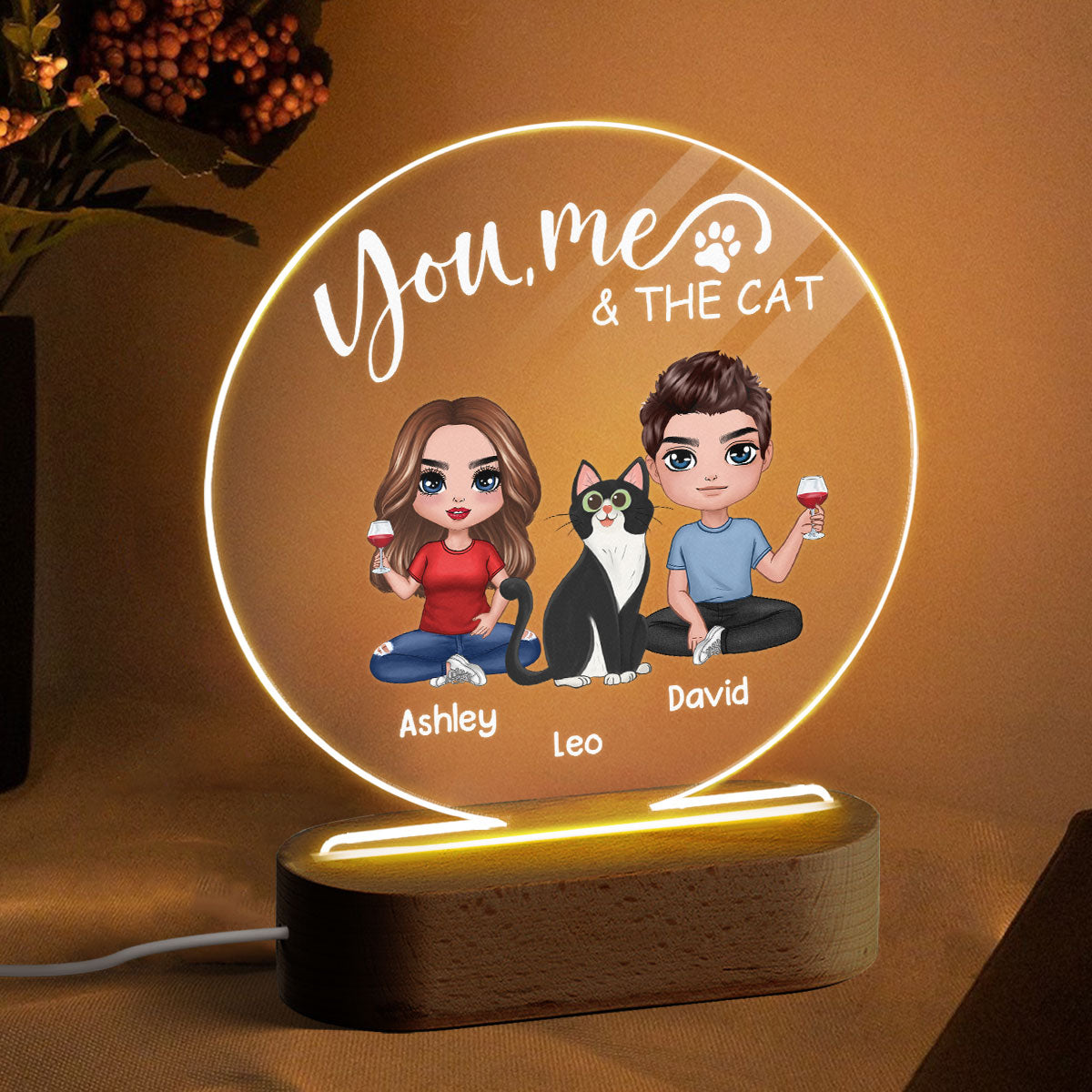 Doll Couple Sitting With Cats You Me And The Cats Personalized Circle Acrylic Plaque LED Lamp Night Light