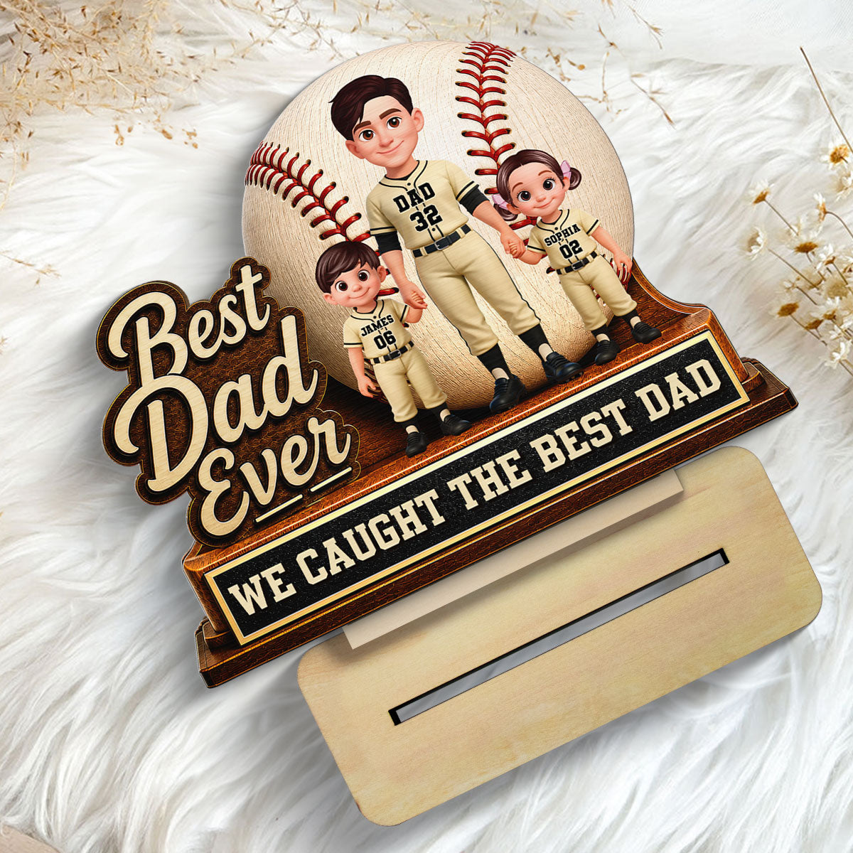 We Caught The Best Dad Dad & Kids - Personalized 2-Layered Wooden Plaque - Happy  For Baseball Softball Dad