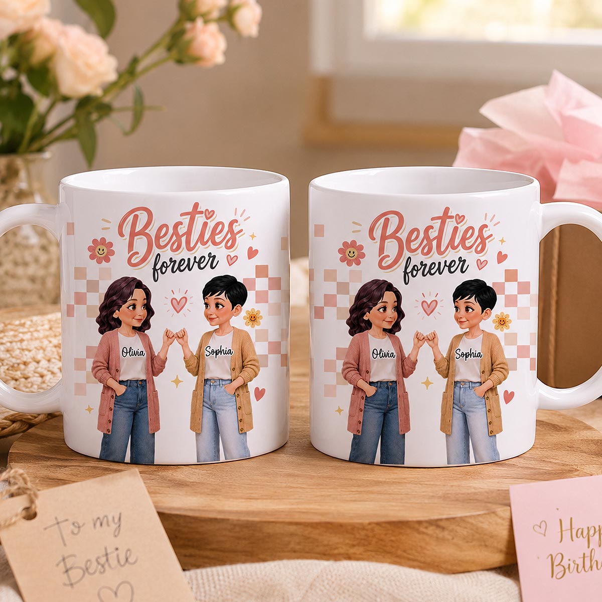 Pretty Besties Besties Forever - Personalized Mug - Birthday Gift, Friendship Gift for Best Friends