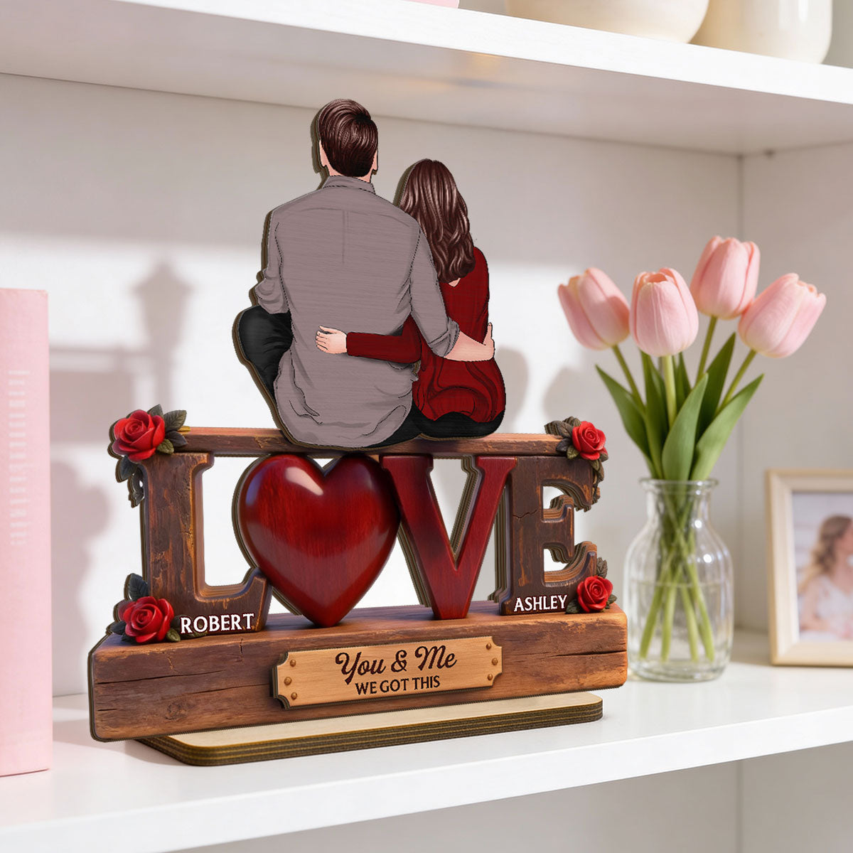 Roses LOVE Back View Couple Sitting Embracing - Personalized 2-Layered Wooden Plaque - Valentine's Day Gift For Couple, For Him, For Her