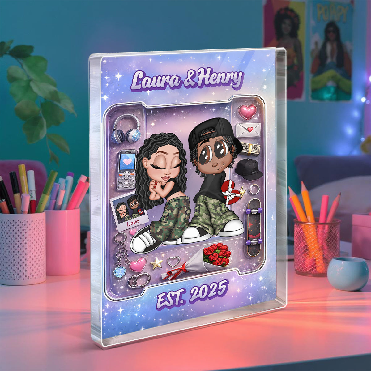 Y2K Couple Pink Toy Box With Accessories - Personalized Acrylic Block - Gift for Couple
