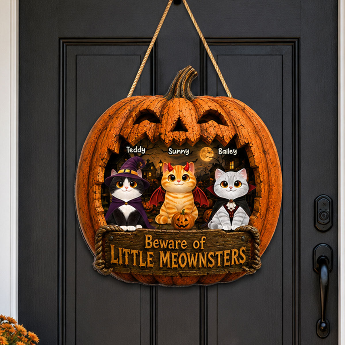 Spooky Halloween Pumpkin Cats - Personalized Wood Sign - Halloween Decor For Cat Lovers