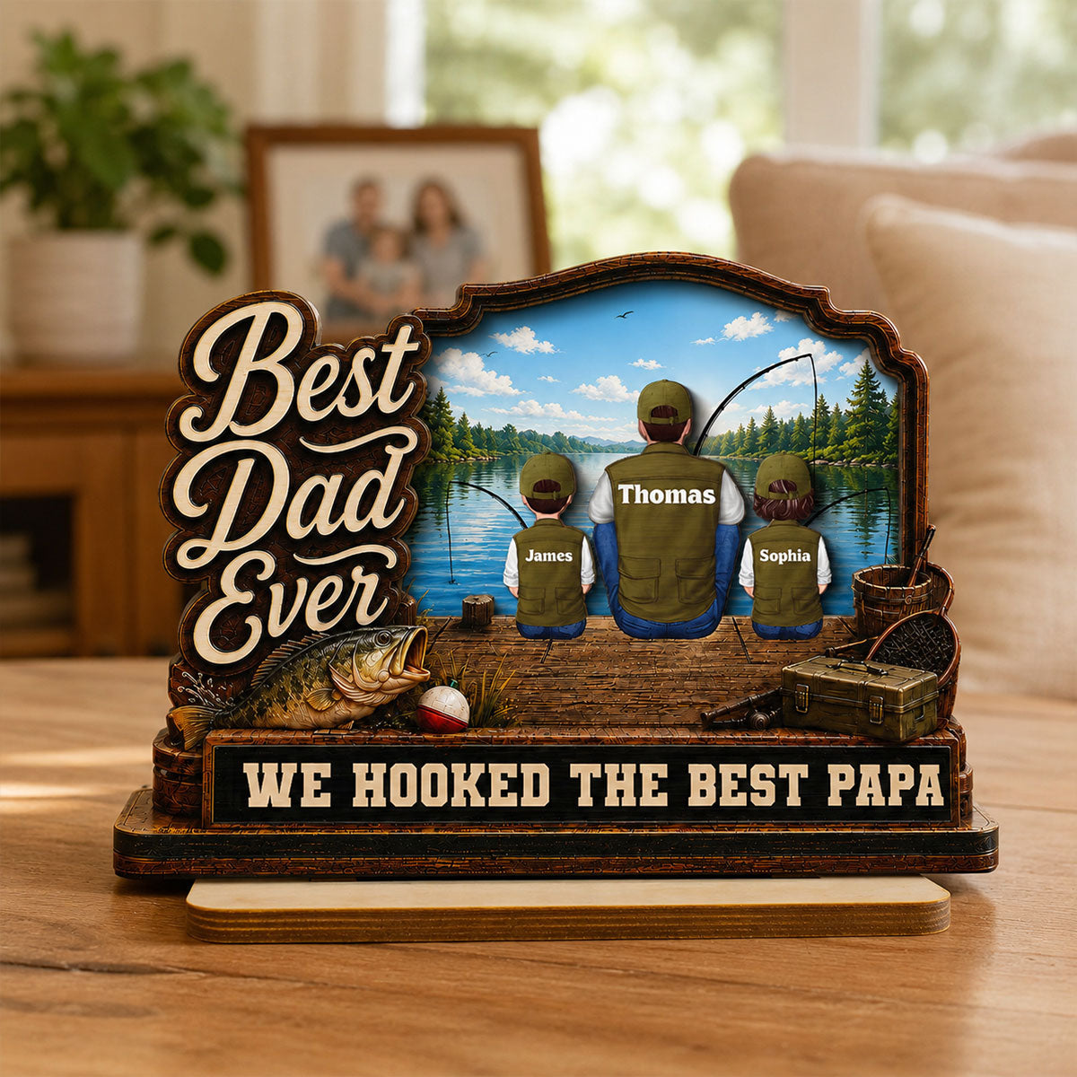 We Hooked The Best Dad Papa Fishing Man & Kids Back View 2D Flat - Personalized 2-Layered Wooden Plaque -  Gift For Hunting Dad, Grandpa