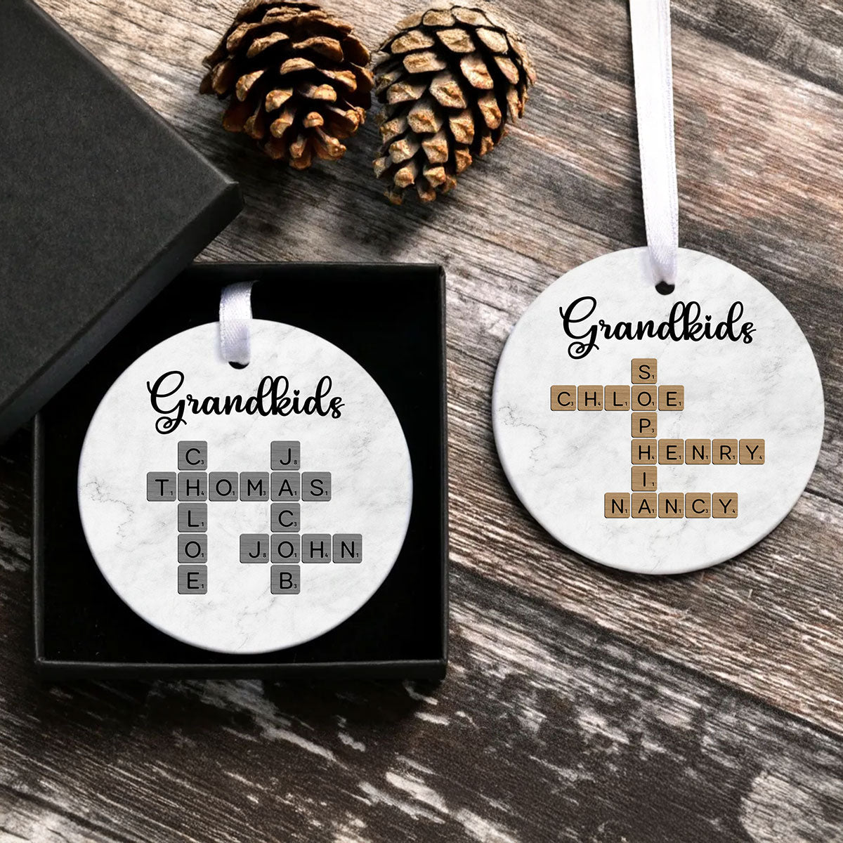 Grandkids Crossword Art - Personalized Ceramic Ornament - Sentimental Gift for Grandma Grandpa Grandkids