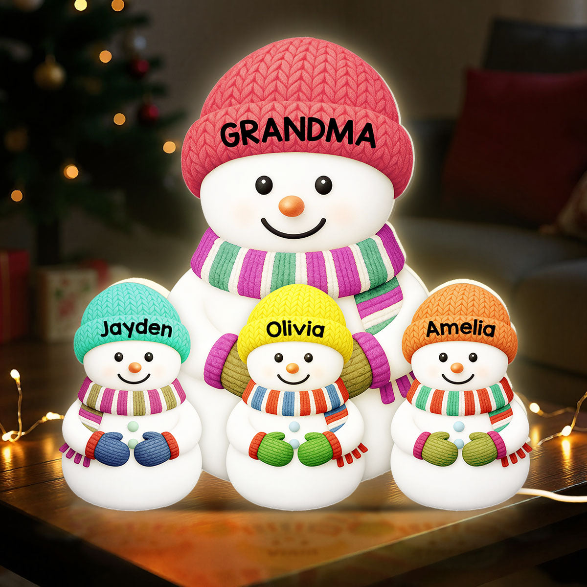 Heartwarming Christmas Grandma Grandpa Grandkids Snowman Together - Personalized Light Box