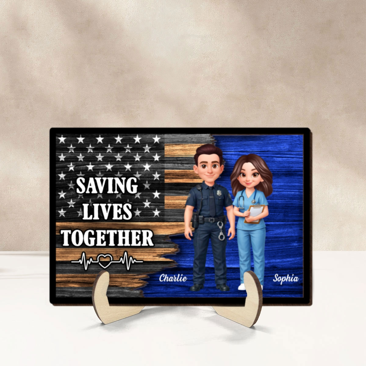 Custom Hero Couple Thin Blue Line Nation Flag - Personalized 2-Layered Wooden Plaque - Heartfelt Gift for Him, for Her