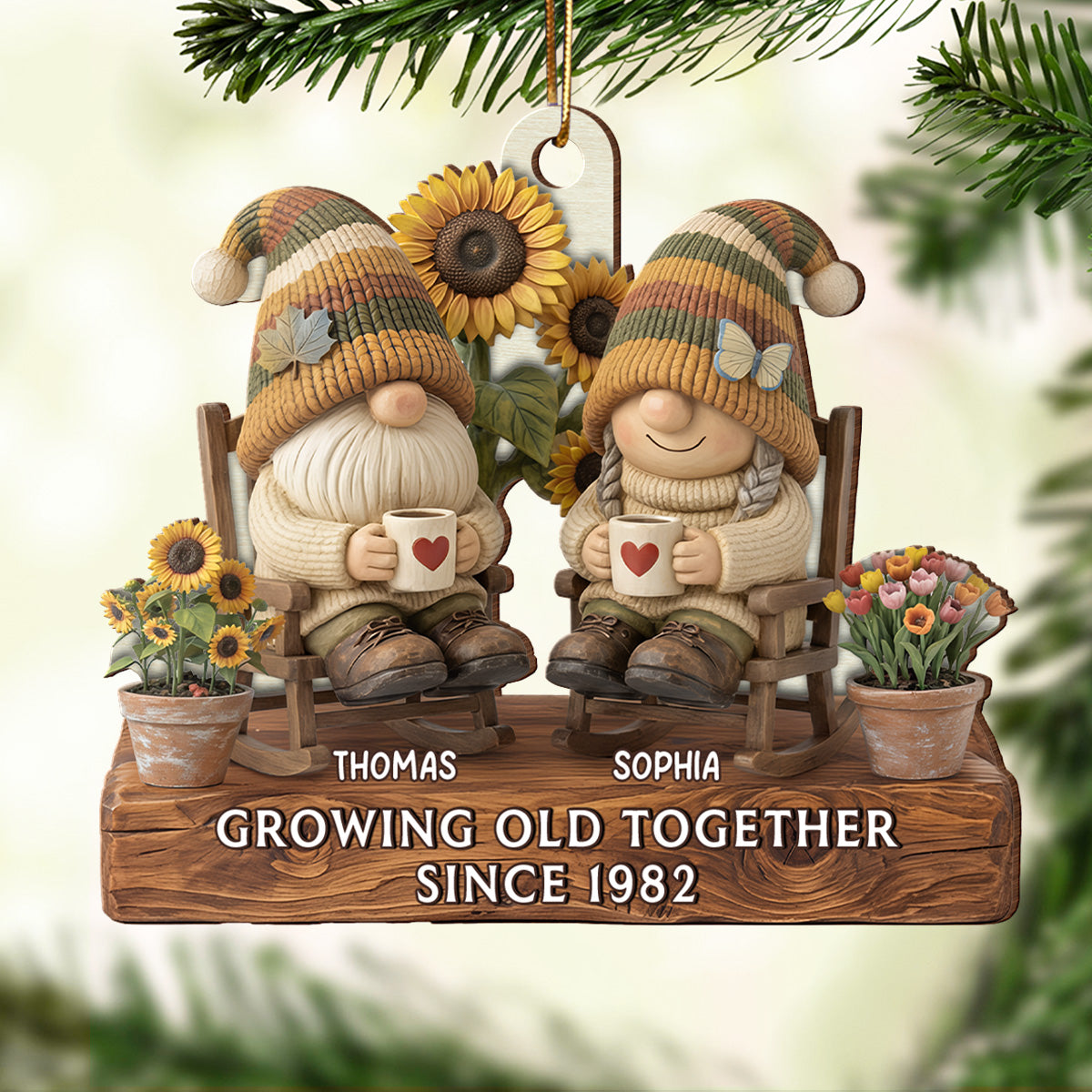 3D Effect Vintage Gnome Couple Grow Old Together - Personalized Wooden Ornament