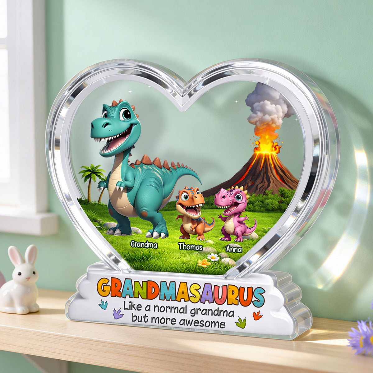 Grandmasaurus And Kids Cartoon Dinosaurs - Personalized Acrylic Block Plaque - Mother's Day Gift For Grandma