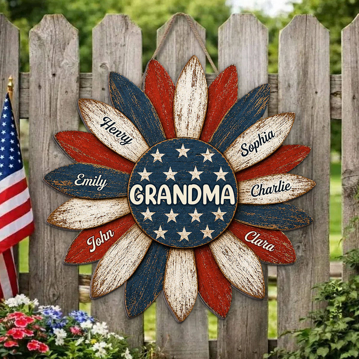 Grandma Nation Flag Sunflower America 250th Anniversary - Personalized Wood Sign - 250 Years Of Freedom, Patriotic Decoration