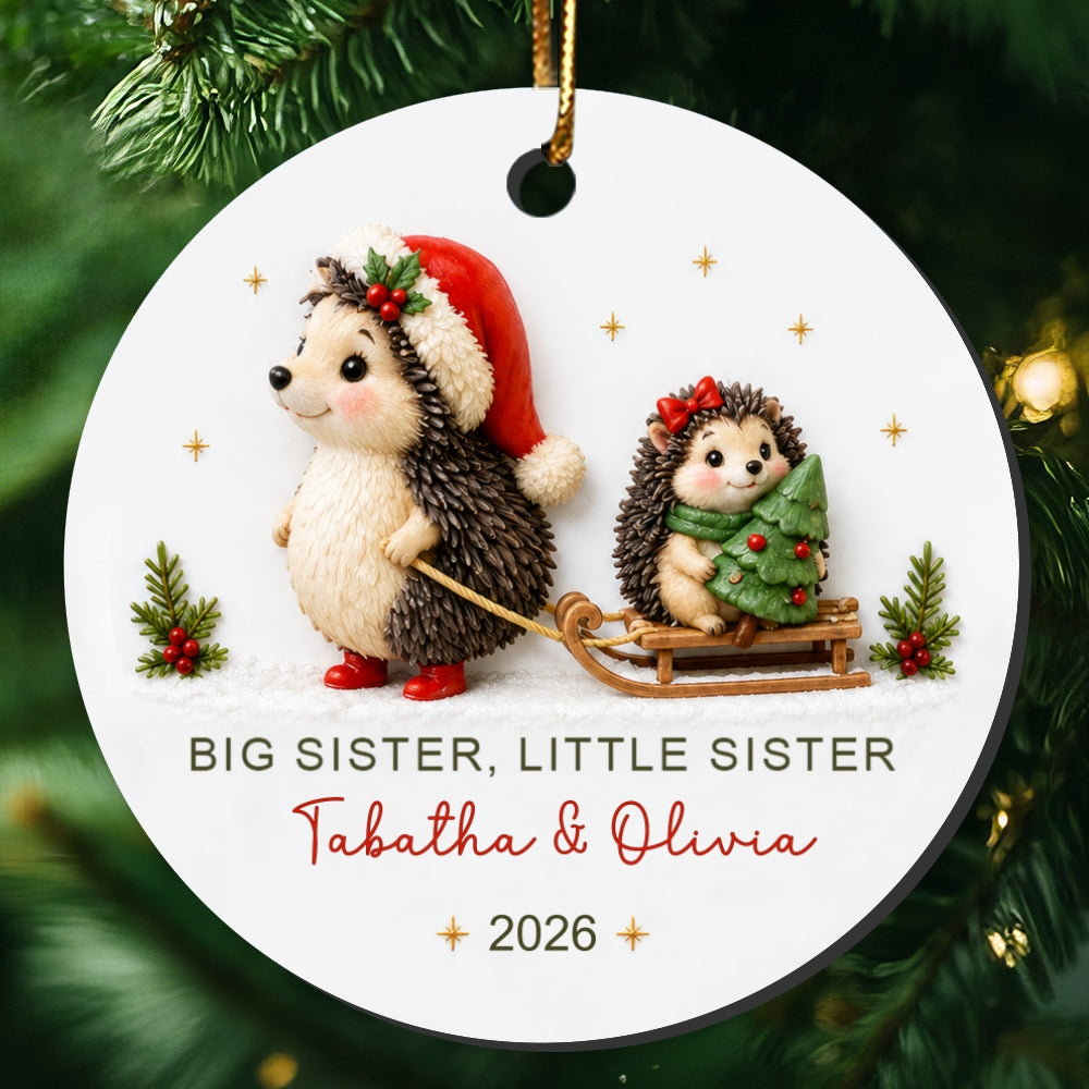 Big Sister Little Brother Sister Hedgehog 2D Flat - Personalized Ceramic Ornament - Christmas Keepsake