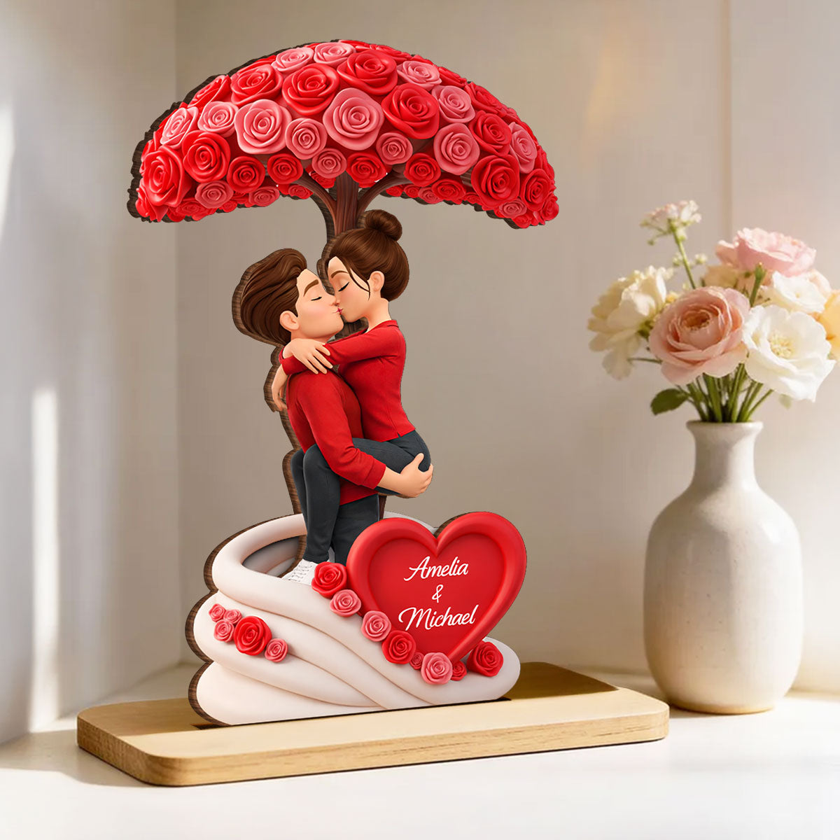 Sheltered By Love Rose Tree - Personalized 2-Layered Wooden Plaque - Anniversary, Valentine's Day Gift, Gift For Him, Gift For Her