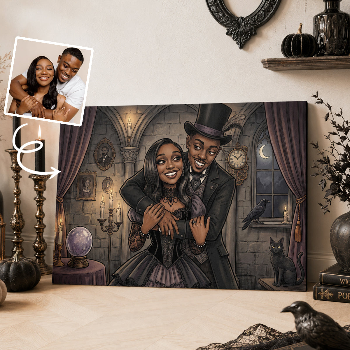 Custom Gothic Couple Portrait from Photo - Personalized Canvas - Halloween Decor, Anniversary Gift for Her, for Him
