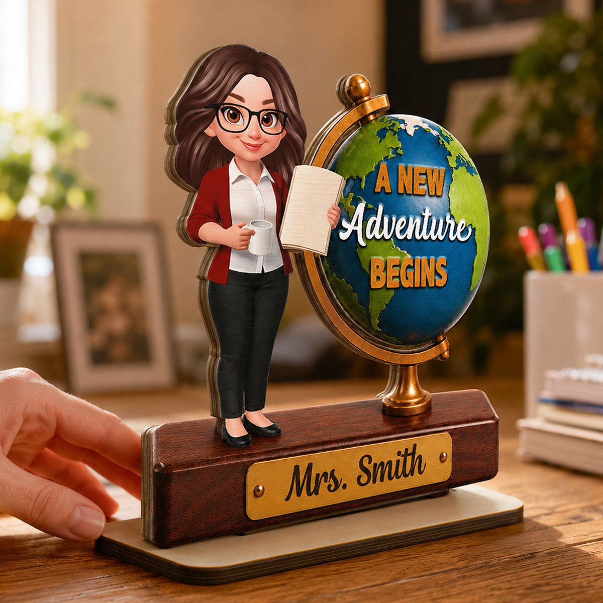 Teacher Globe New Adventure 2D Flat - Personalized Wooden Plaque - Back To School Gift