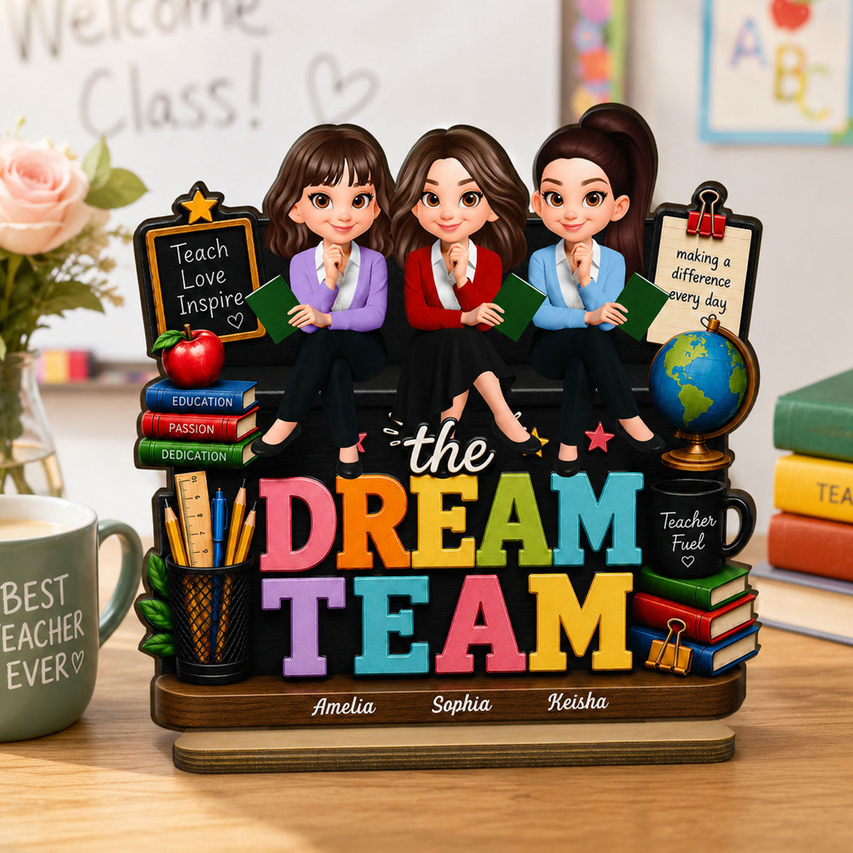 Beautiful Teacher Dream Team - Personalized 2-Layered Wooden Plaque - Back To School Gift For Teacher, Classroom Decor