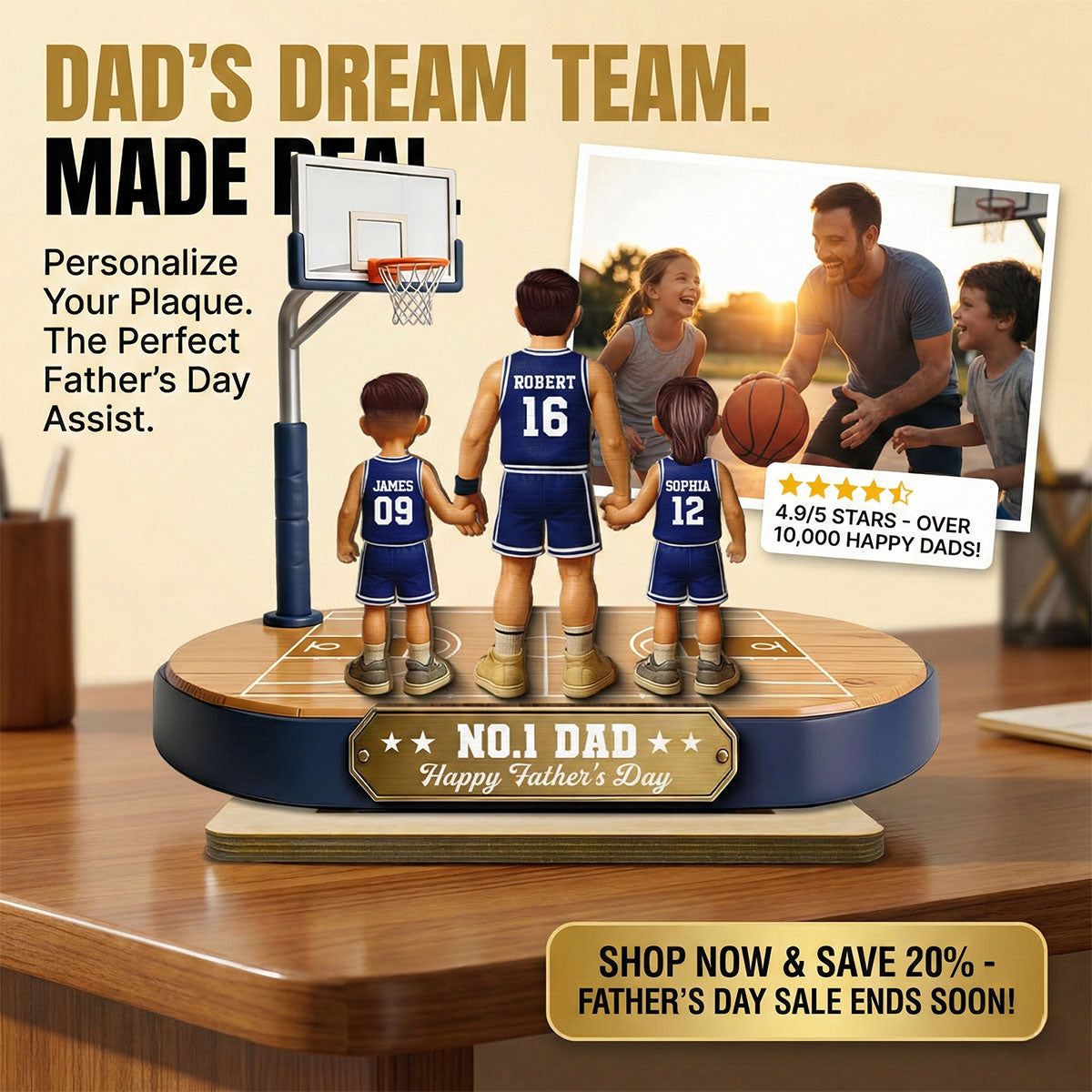 Daddy's Basketball Dream Team - Personalized 2-Layered Wooden Plaque -  Gift For Basketball Dad