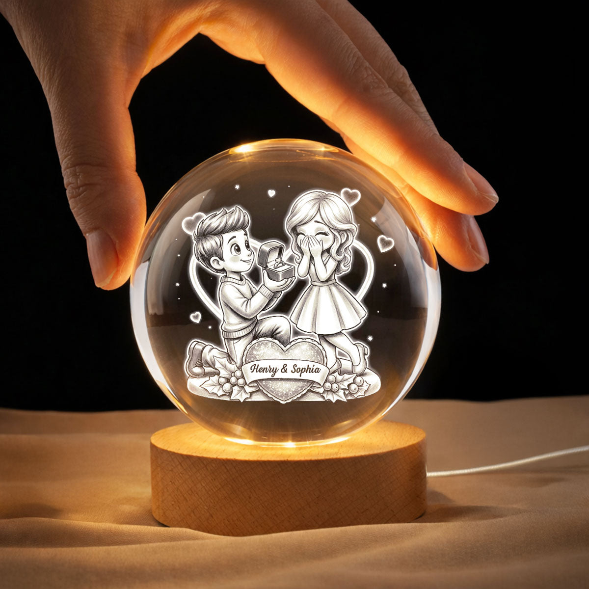 Marriage Proposal Valentine - Personalized Crystal Ball LED Night Light - Anniversary, Valentine's Day Gift, Gift For Him, Gift For Her