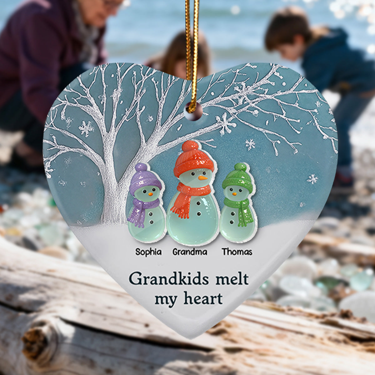 3D Sea Glass Effect Snowman Grandma & Grandkids - Personalized Ceramic Ornament With Acrylic Pieces - Christmas Gift For Grandchildren, Grandma