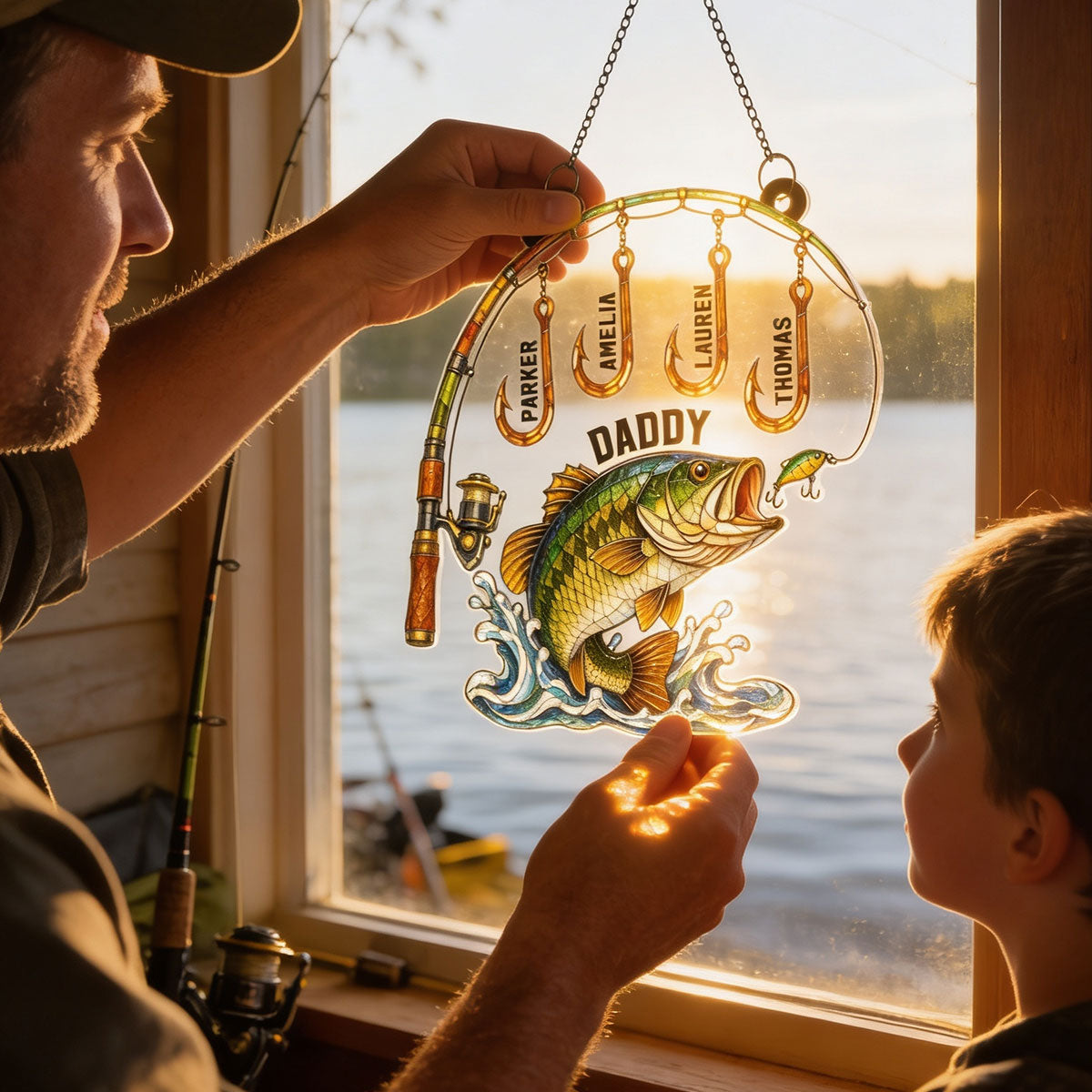 Fishing Daddy With Kids Names - Personalized Suncatcher - Heartfelt Gift For Fishing Dad, Gift For Husband