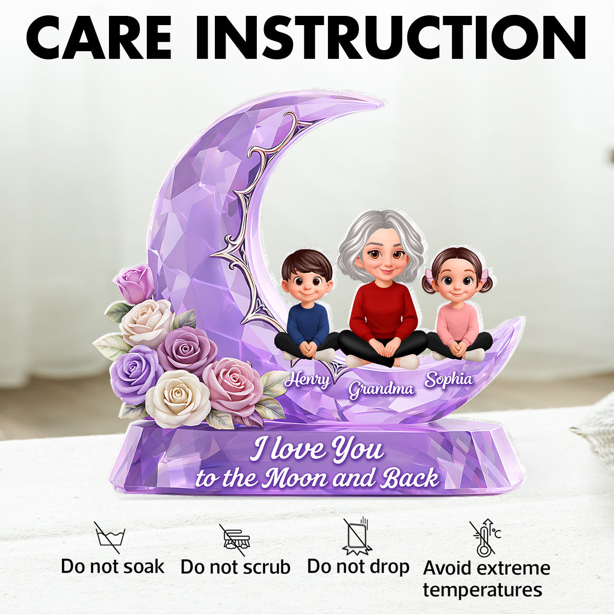 Love You To The Moon Grandma Grandkids Rose Moon - Personalized Acrylic Block Plaque - Heartfelt Gift For Mom, Grandma