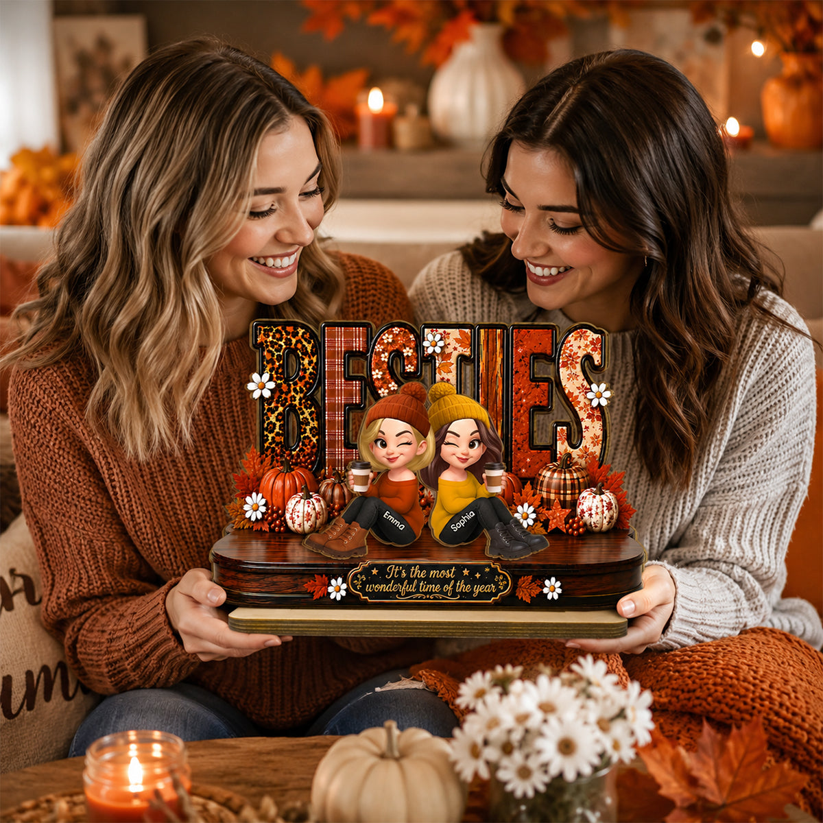 It's The Most Wonderful Time Of The Year Besties - Personalized 2-Layered Wooden Plaque - Fall Season Gift For Besties