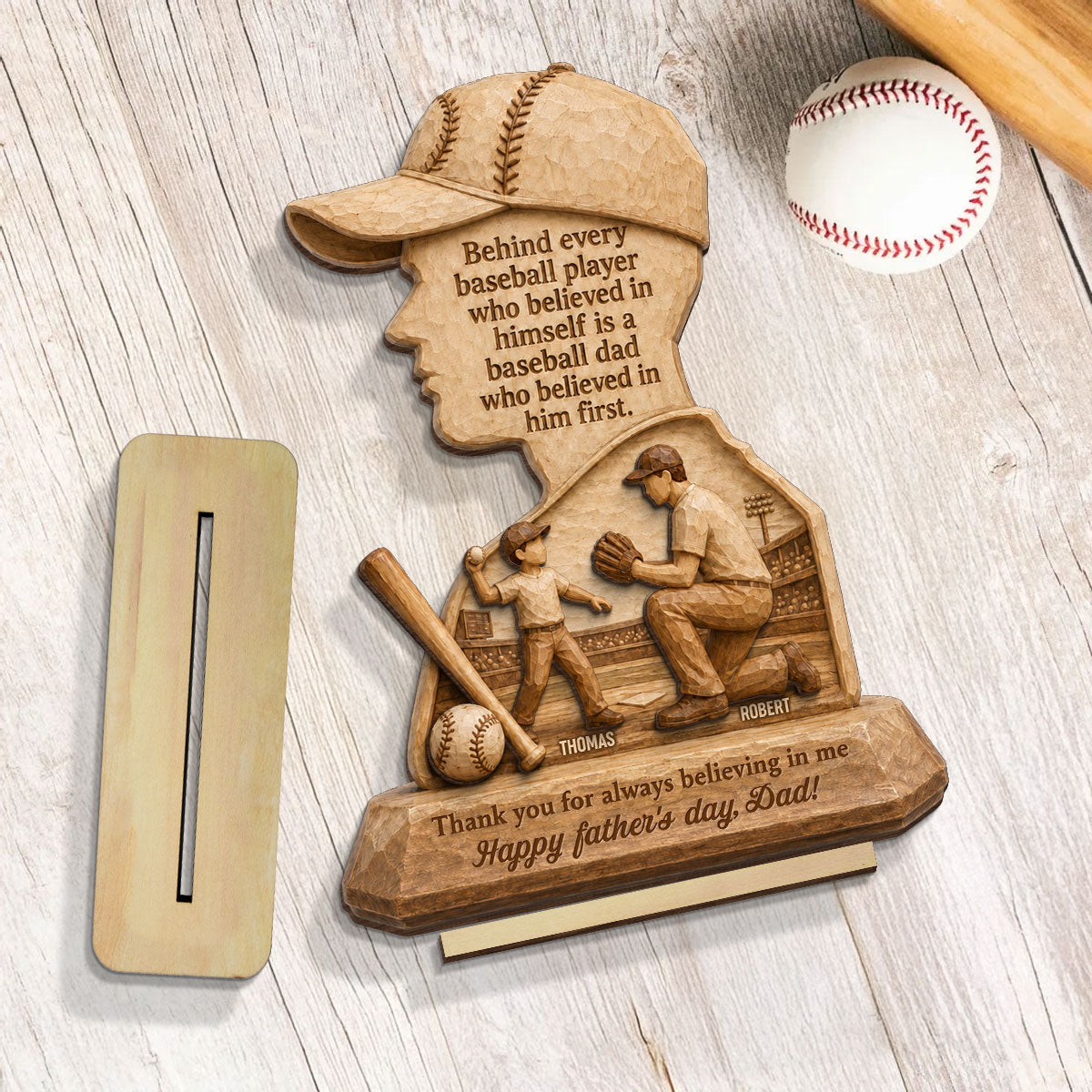 Behind Every Baseball Player is a Baseball Dad - Personalized 2-Layered Wooden Plaque -  Gift for Dad, Husband