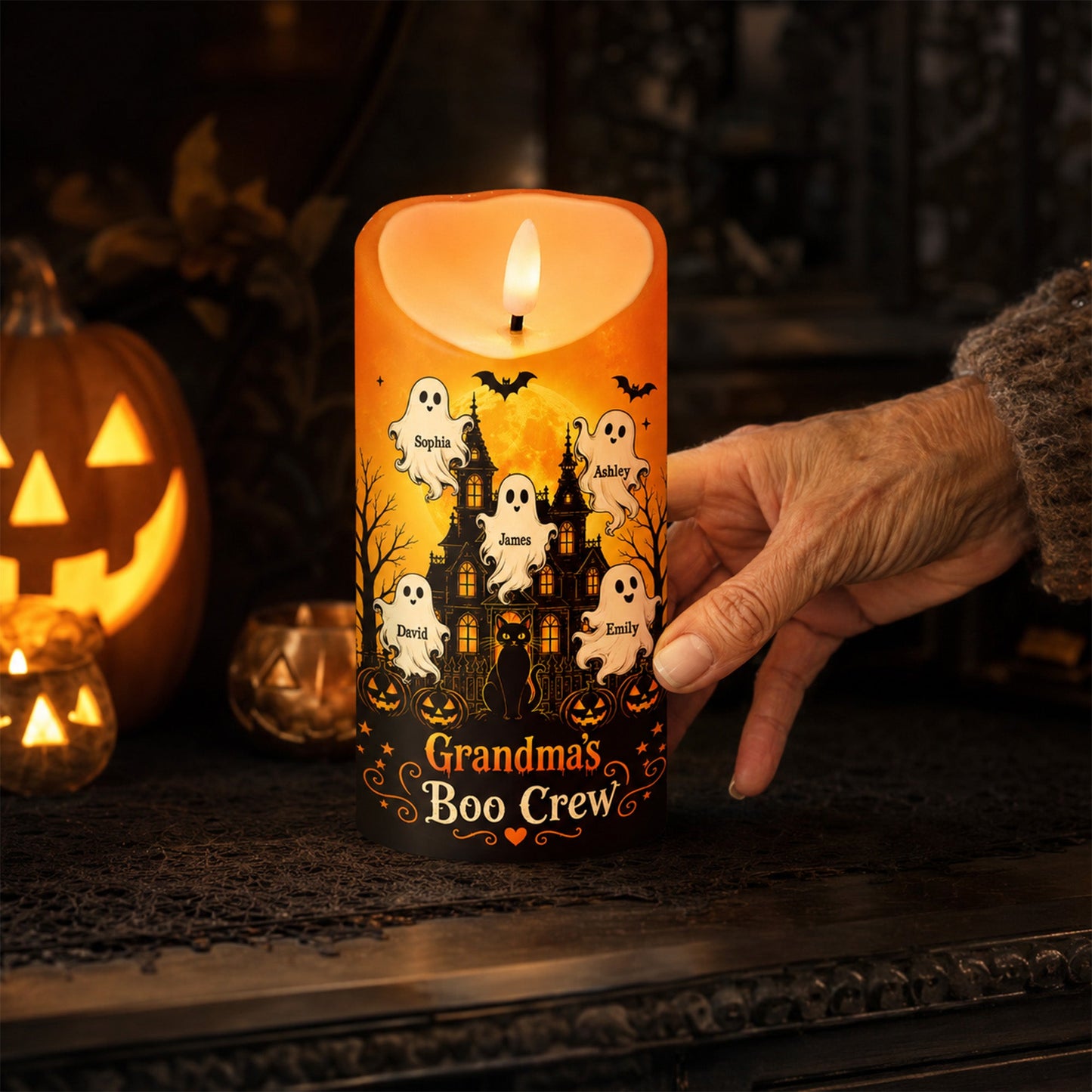 Grandma's Little Boo Crew Haunted House - Personalized LED Candle - Halloween Decor For Grandma