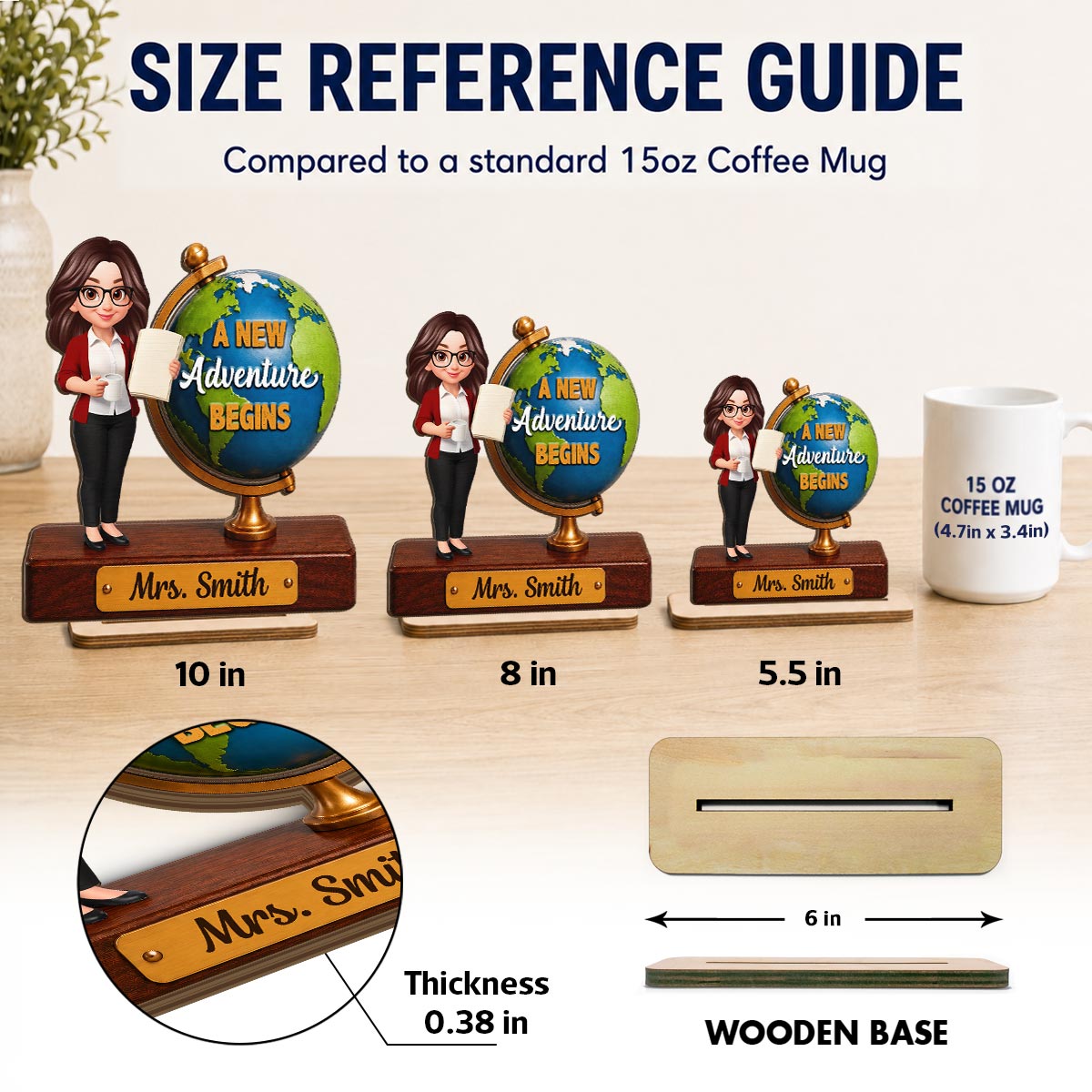 Teacher Globe New Adventure 2D Flat - Personalized Wooden Plaque - Back To School Gift