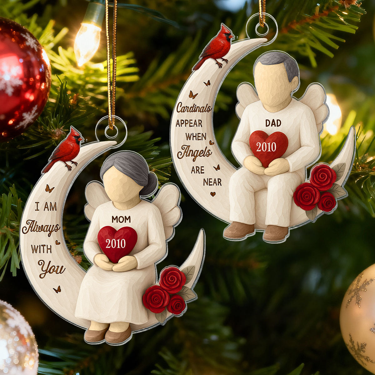 3D Effect Roses Wooden Texture Memorial On Moon - Personalized Acrylic Ornament - Christmas Remembrance Gift, Sympathy Gift