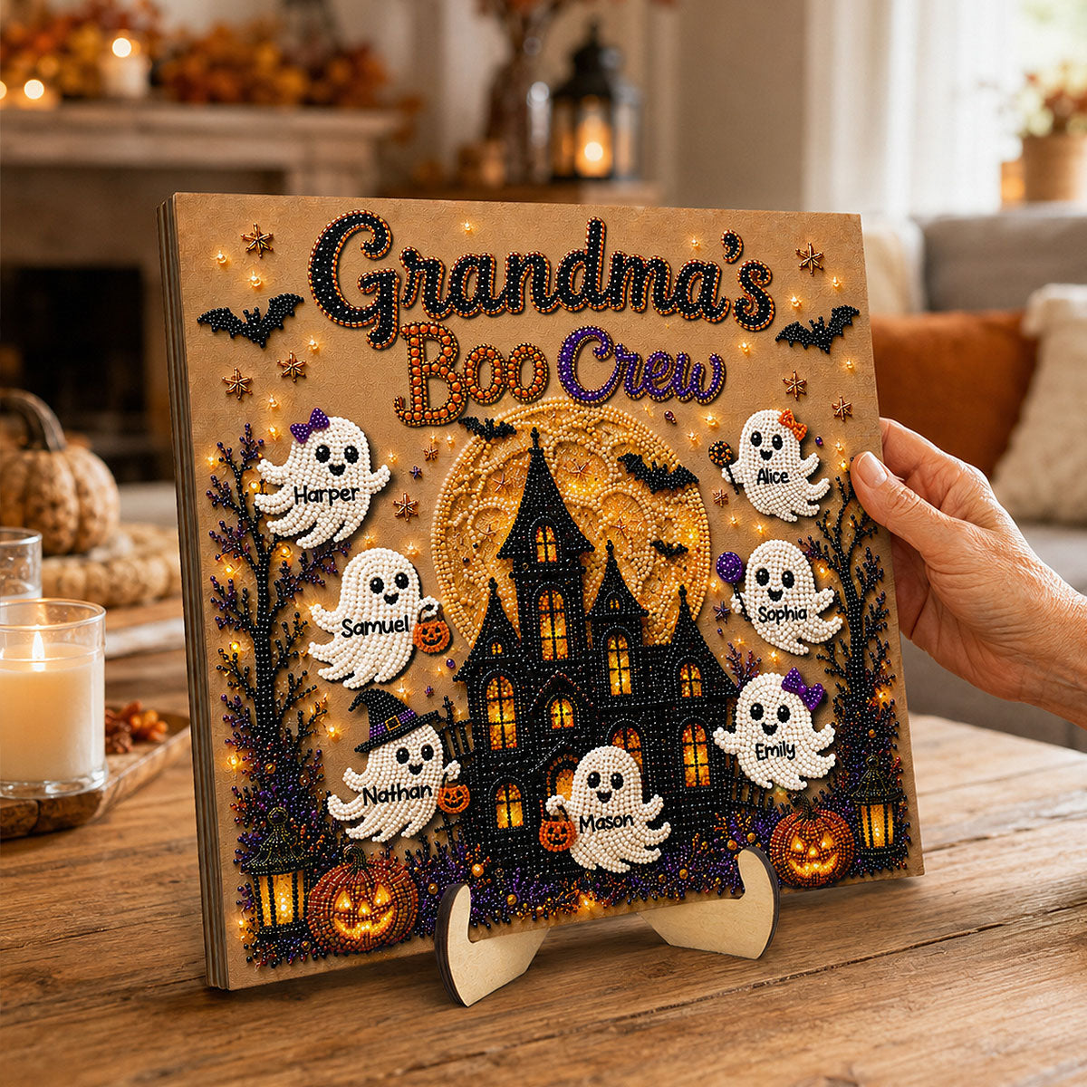 Grandma’s Boo Crew Haunted House Faux Diamond Art – Personalized Wooden Plaque – Halloween Decor Gift For Grandma