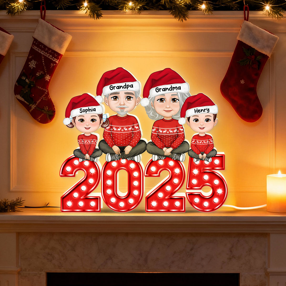 Christmas Grandma Grandpa And Grandkids Marquee Pattern Effect - Personalized Light Box