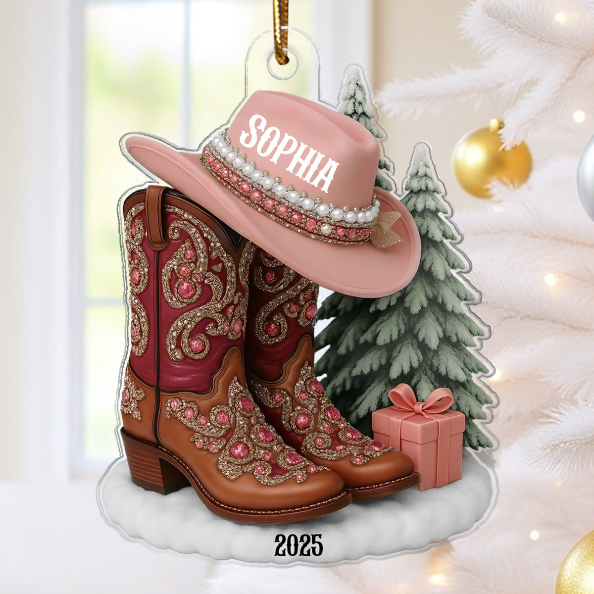 3D Effect Boots And Hat Cowgirl Name - Personalized Acrylic Ornament