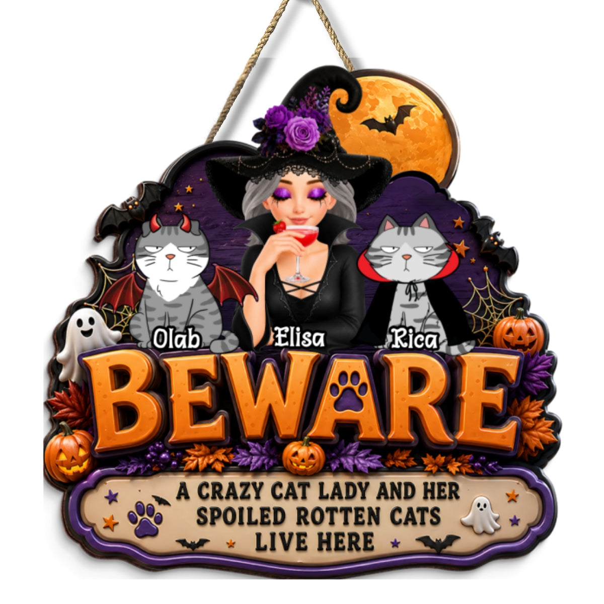 A Crazy Cat Lady And Her Spoiled Rotten Cats Live Here - Personalized Wood Sign - Halloween Decor Gift, Gift For Cat Lovers