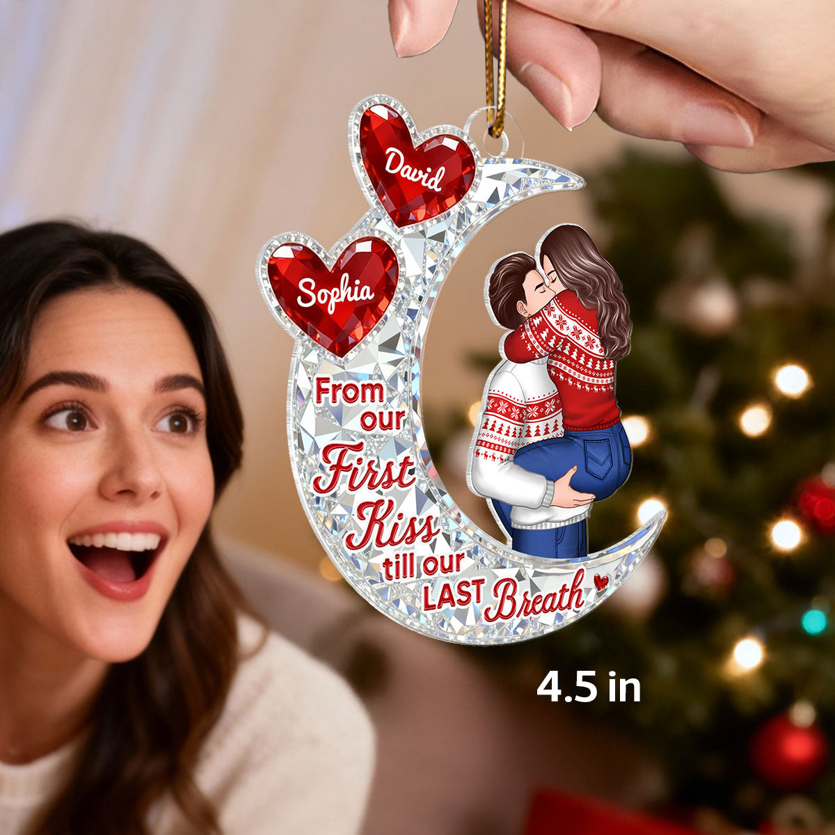 3D Effect Flat Moon Couple Hugging Kissing - Personalized Acrylic Ornament - Gift For Couple, Gift For Him, For Her
