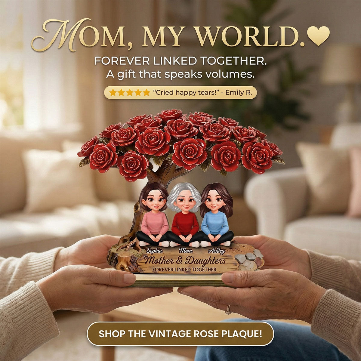 Vintage Rose Tree Mom And Daughter Son - Personalized 2-Layered Wooden Plaque - Gift For Mom
