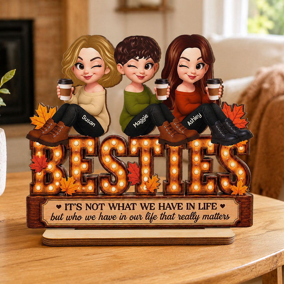 Fall Season Besties Sister Marquee 2D Flat - Personalized Wooden Plaque