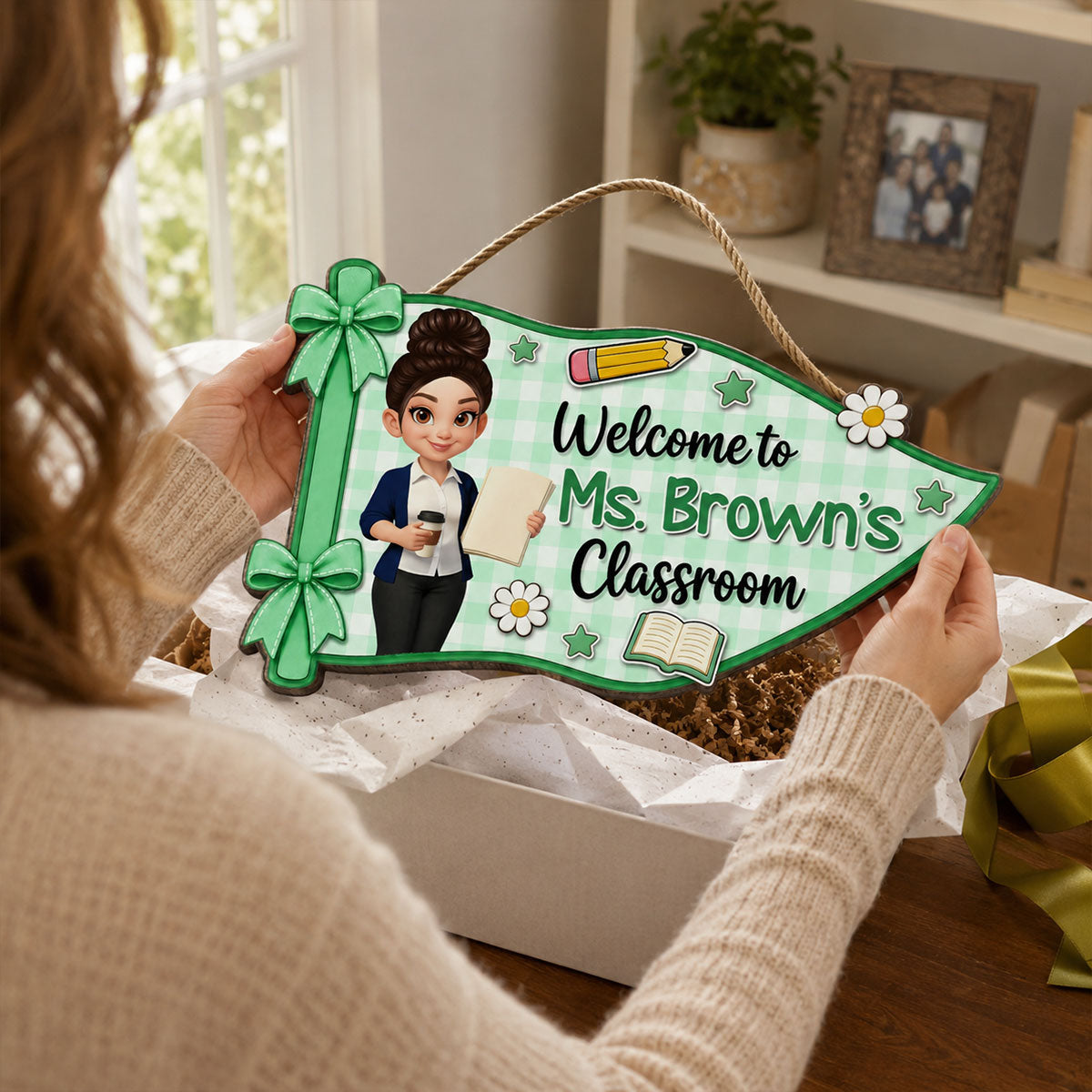 Welcome To Teacher Classroom Pennant Flag Shaped - Personalized Wood Sign