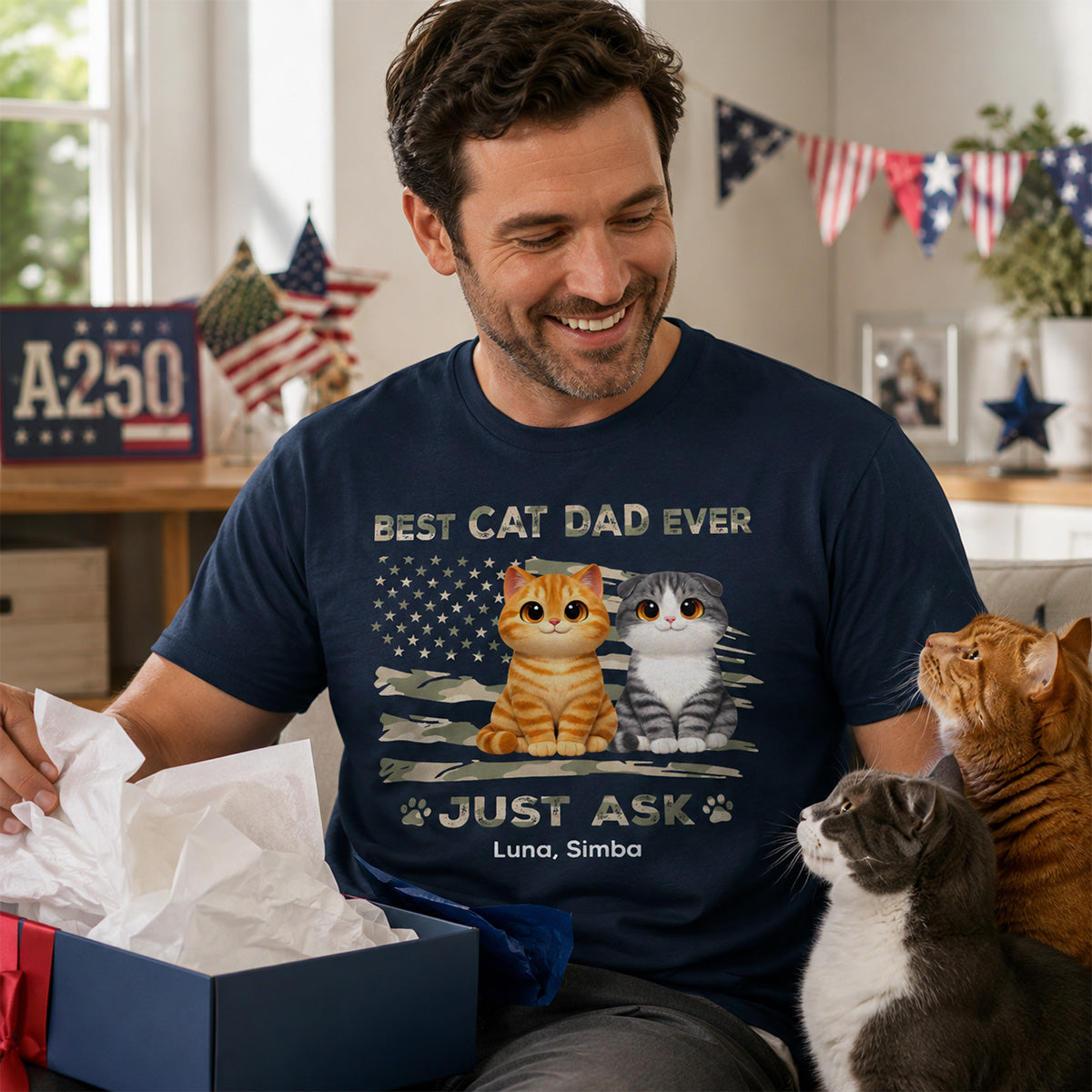 Best Cat Dad Ever Nation Flag Theme Cute Cats - Personalized Shirt - Father's Day Gift For Cat Dad, Patriotic 4th Of July Gift, USA 250th Anniversary